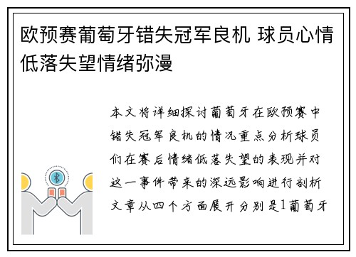 欧预赛葡萄牙错失冠军良机 球员心情低落失望情绪弥漫