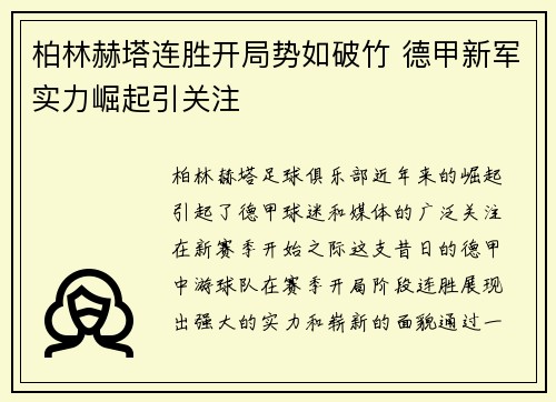 柏林赫塔连胜开局势如破竹 德甲新军实力崛起引关注